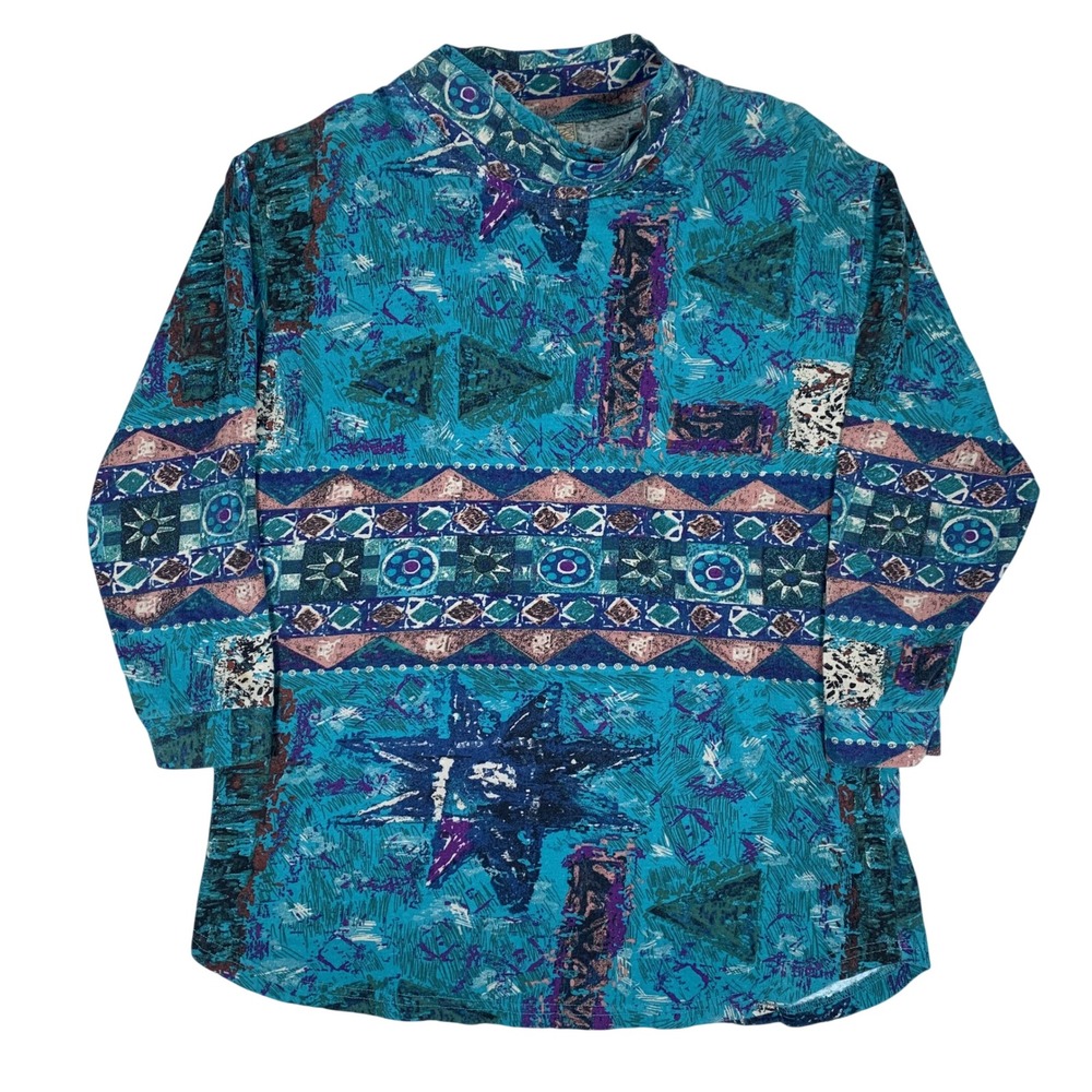 Vintage  Chico's Mock Neck Top Womens Size 1‎ Teal Abstract Geometric 90s Cotton